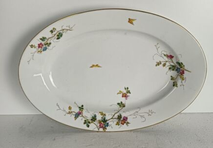 Large Victorian antique 19th century serving oval Dish Hand painted flowers butterflies 