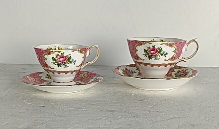 Vintage Royal Albert Bone China two Tea Cups Saucers Set, Lady Carlyle Pink Design 