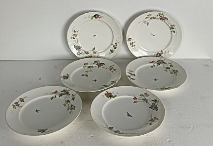set of 6 Victorian antique 19th century dinner plates Hand painted flowers butterflies 