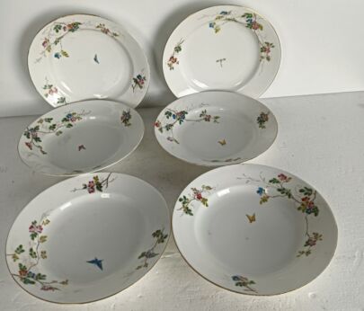 set of 6 Victorian antique 19th century soup plates Hand painted flowers butterflies 