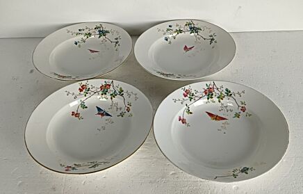 set of 4 Victorian antique 19th century soup plates Hand painted flowers butterflies 