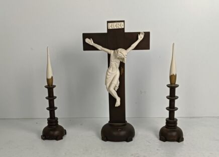 large art deco altar set standing crucifix two candle holders, wood plaster dramatic Corpus gorgeous