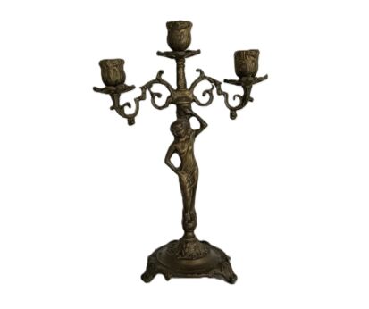 Vintage Spelter modernist candelabra 3 arm candle stick female figurine 