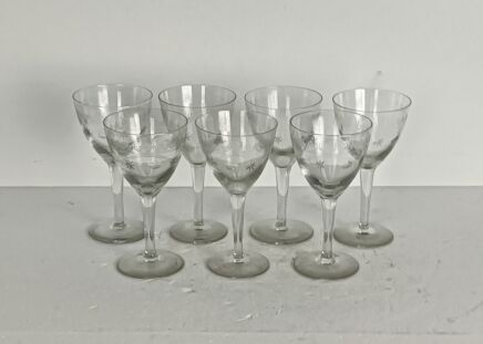 set of 7  Champagne Glasses Goblet Hock cut to Clear Etched  glass antique 