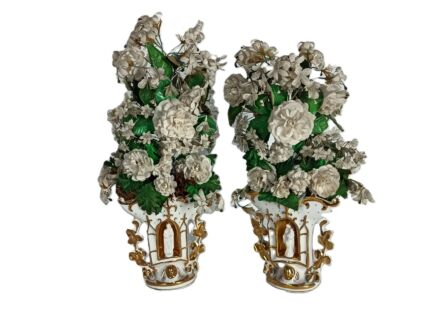 19th Century   Porcelain Wedding Cornucopia Posy Vases silk flowers religious them 