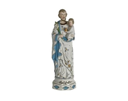 antique Statue Saint Joseph Protector of Homes Infant Jesus Bisque Porcelain Polychrome