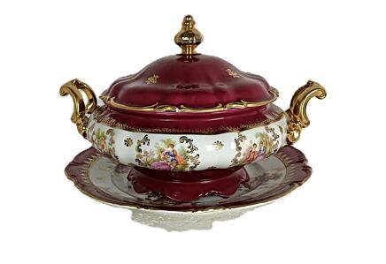 Vintage Casserole Tureen on serving platter Bavaria Victorian scenes porcelain JKW Western Germany