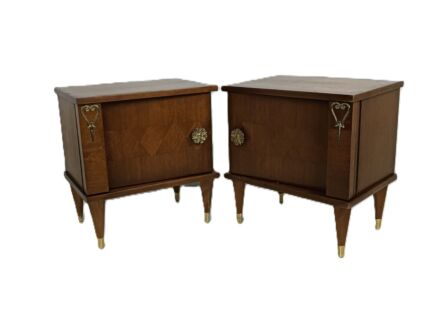 couple of antique wooden nightstands end tables bedroom cabinets brass trims 