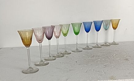 Vintage Set of 10 Colored   Liquor Glasses/ Multi Colored Cordial Glasses/ Long Stemmed Liqueur Glasses