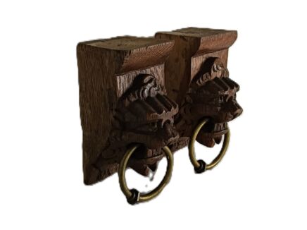 Antique Pair Corbels Hand Carved Wood Architectural reclaimed Lion Heads Trims with rings