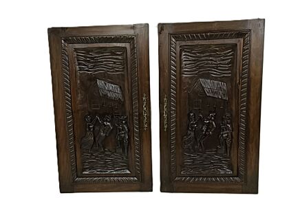 Two dark wooden ornate door panels dancing couples antique reclaimed architectural