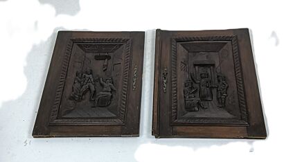 set of 2 dark wooden door panels doors carved wood ornate antique bar scenes 
