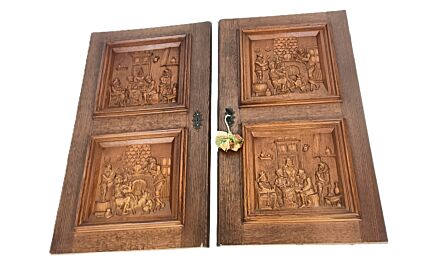 set of 2   wooden door panels Large doors carved wood ornate vintage bar scenes 