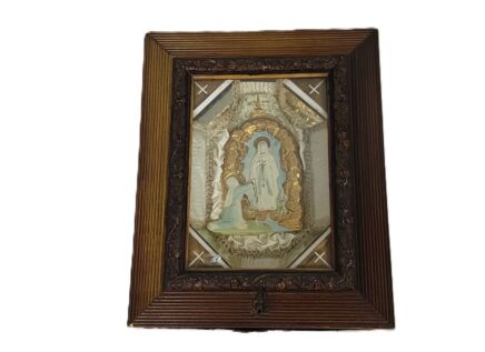 antique shadow box wall hanging folk art   wooden frame Lourdes Bernadette 