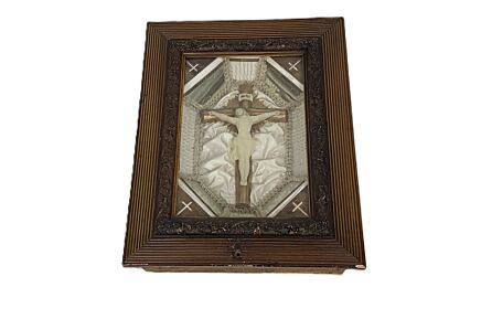 antique shadow box wall hanging folk art  wooden frame Jesus Christ Crucifixion