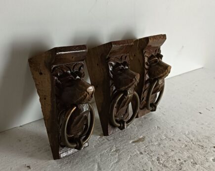 Antique set of 3 Corbels Hand Carved Wood Pediments Architectural Lion Heads with rings  Trims