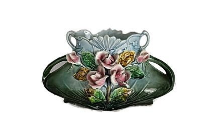 Art Nouveau Planter Cache Pot French Pottery Faience Majolica Flowers Art Deco bas relief 