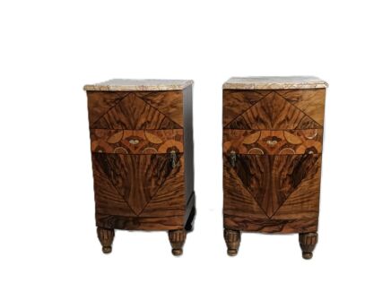 Antique art deco couple Nightstands end tables wood marble Inlay Mother of pearl Walnut
