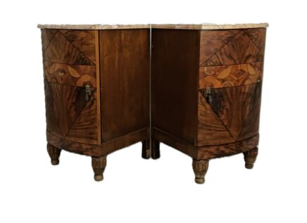 Antique art deco couple Nightstands end tables wood marble Inlay Mother of pearl Walnut WOW