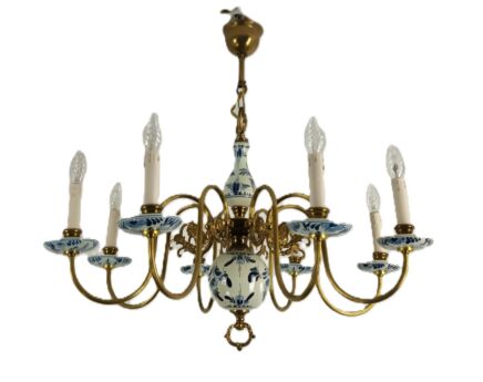 Dutch Delft Blue White Chandelier Porcelain Vintage Ornate Brass 8 Lights Arms   farmhouse