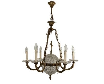 1950s French Empire Style Brass & Crystal 8-Light Chandelier Balloon chandelier WOW