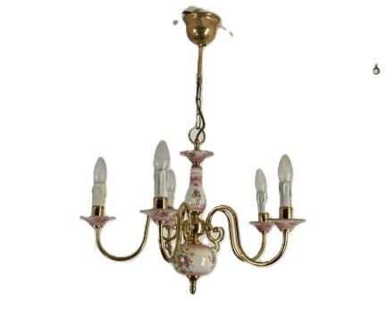 small vintage chandelier 5 arm porcelain brass pink flowers Italy 