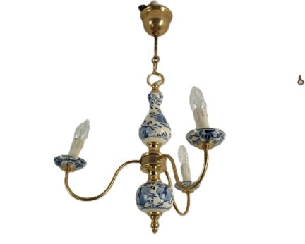 small Delft chandelier blue white 3 lights arm brass porcelain vintage barn style Netherlands