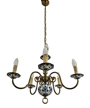 Delft chandelier blue white 5 lights arm brass porcelain vintage barn style Netherlands