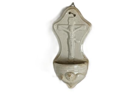 antique Vessel holy water font Bisque Porcelain Jesus Crucifixion Angel wall hanging