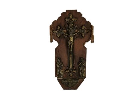 antique art deco wooden wall hanging with brass crucifixion Golgotha Holy water font