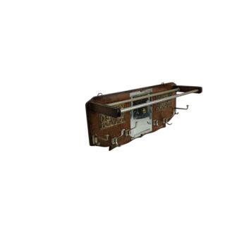 Vintage Railroad Style Coat Rack with Beveled Mirror and Brass Plaques