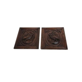 Antique Pair of Carved Oak Door Panels with Bird Motif - 1800s Reclaimed Architectural Salvage