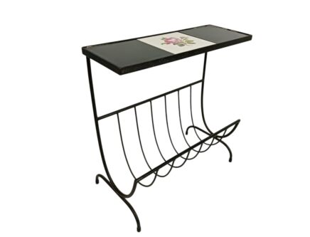 Vintage 1950s Wrought Iron Newspaper Basket Side Table with Pink Rose Ceramic Tile