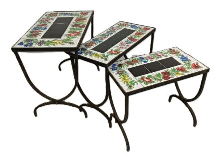Vintage Set of 3 Nesting Tables with Wrought Iron Legs & Hand-Painted Ceramic Tiles by N. Teplow