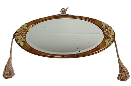 Art Deco Oval Wall Mirror in Wood and Stucco with Beveled Glass