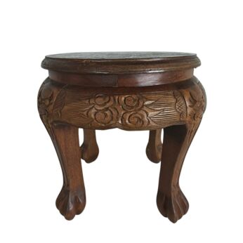 Vintage Hand Carved Wooden Side Table Chinese Plant Stand Brown Round