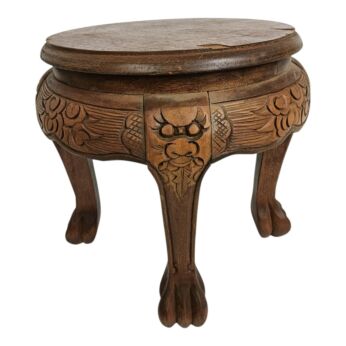 Vintage Hand Carved ornate  Wooden Side Table Chinese Plant Stand Brown Round 