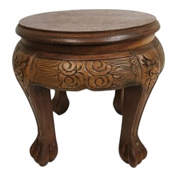 Vintage Ornate Hand Carved   Wooden Side Table Chinese Plant Stand Brown Round 