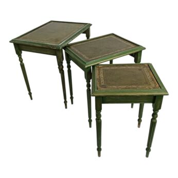 Set of 3 Vintage Chippendale Style Nesting Tables with Green Leather Tops