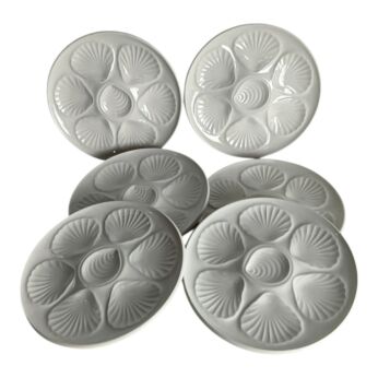 Set of 6 Vintage French Oyster Plates White Porcelain Faience Shell Form 1960s