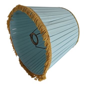 Vintage 1950s Hollywood Regency Light Blue Pleated Drum Lamp Shade with Gold Fringe