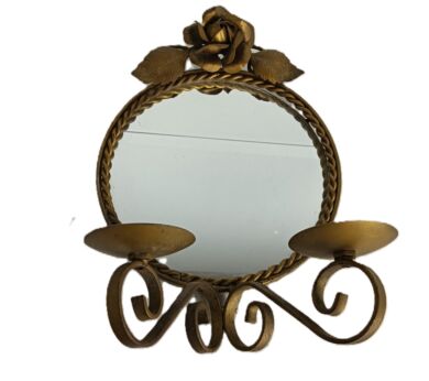 Vintage Brass Oval Wall Mirror with Double Candle Holders | Hollywood Regency Style