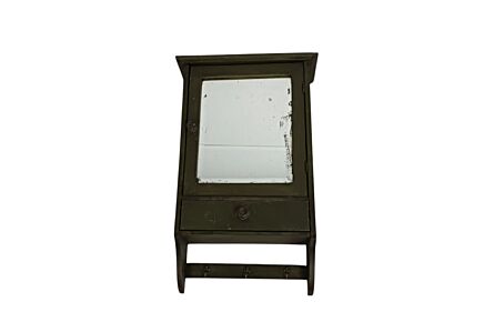 Antique Green Painted Wood Wall-Hanging Medicine Apothecary Cabinet with Beveled Glass & Hooks