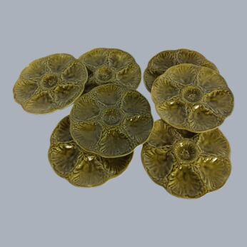 Set of 7 Vintage Gien France Green glazed Majolica Porcelain Oyster Plates