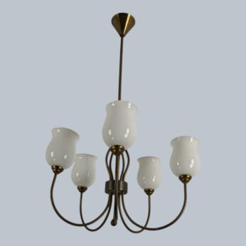 vintage modernist chandelier opaline glass shades France 5 arm 