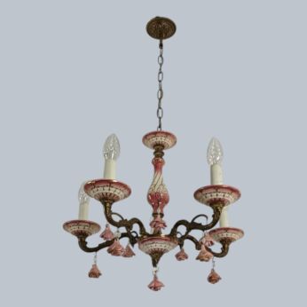 Italian Chandelier 5 arm Lights Ornate Brass Porcelain Flowers Pink Roses Lovely