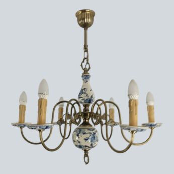Vintage blue white porcelain delft Chandelier brass 6 arm lights barn style