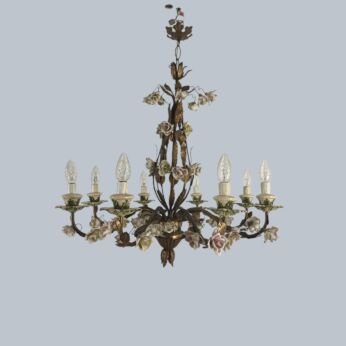 antique chandelier Hollywood regency style brass porcelain flowers leafs Gorgeous 8 arm 