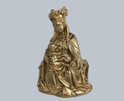 Vintage Madonna with Infant Sitting Golden Paint Plaster Statue