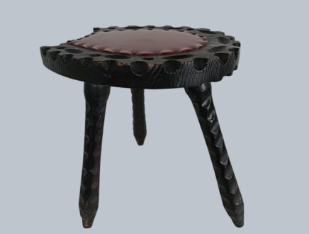 Spanish brutalist wooden chair milking stool , tripod, horseshoe shape, leather upholstery, mid-century